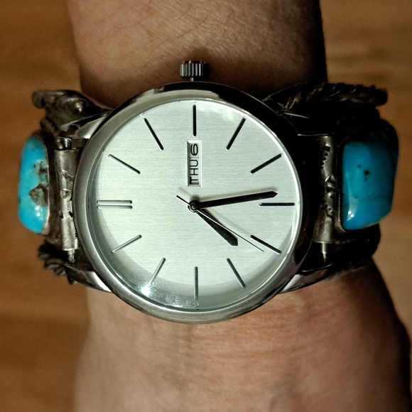 Native American Indian men's sterling turquoise cuff working watch 128 grams - Picture 9 of 9